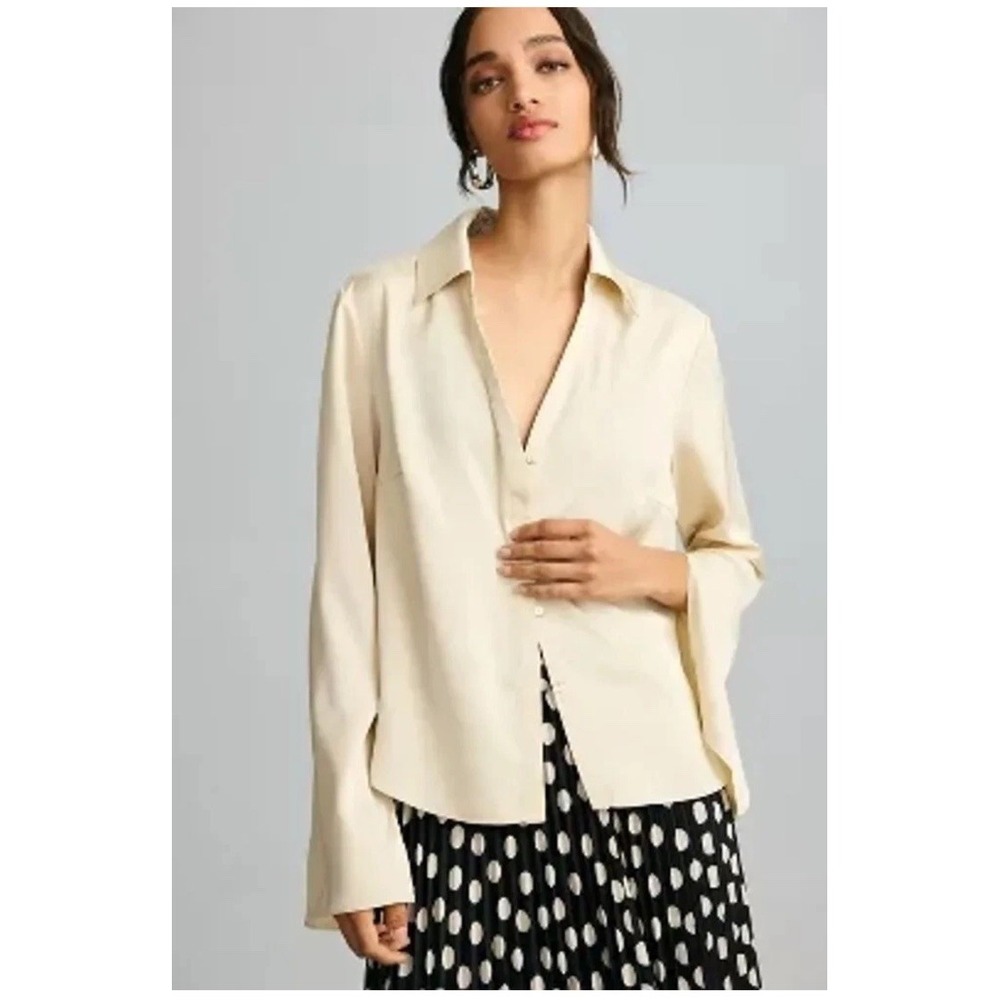 Anthropologie Sunday in Brooklyn Satin Button Front‎ Blouse XL Cream Blouse NWT